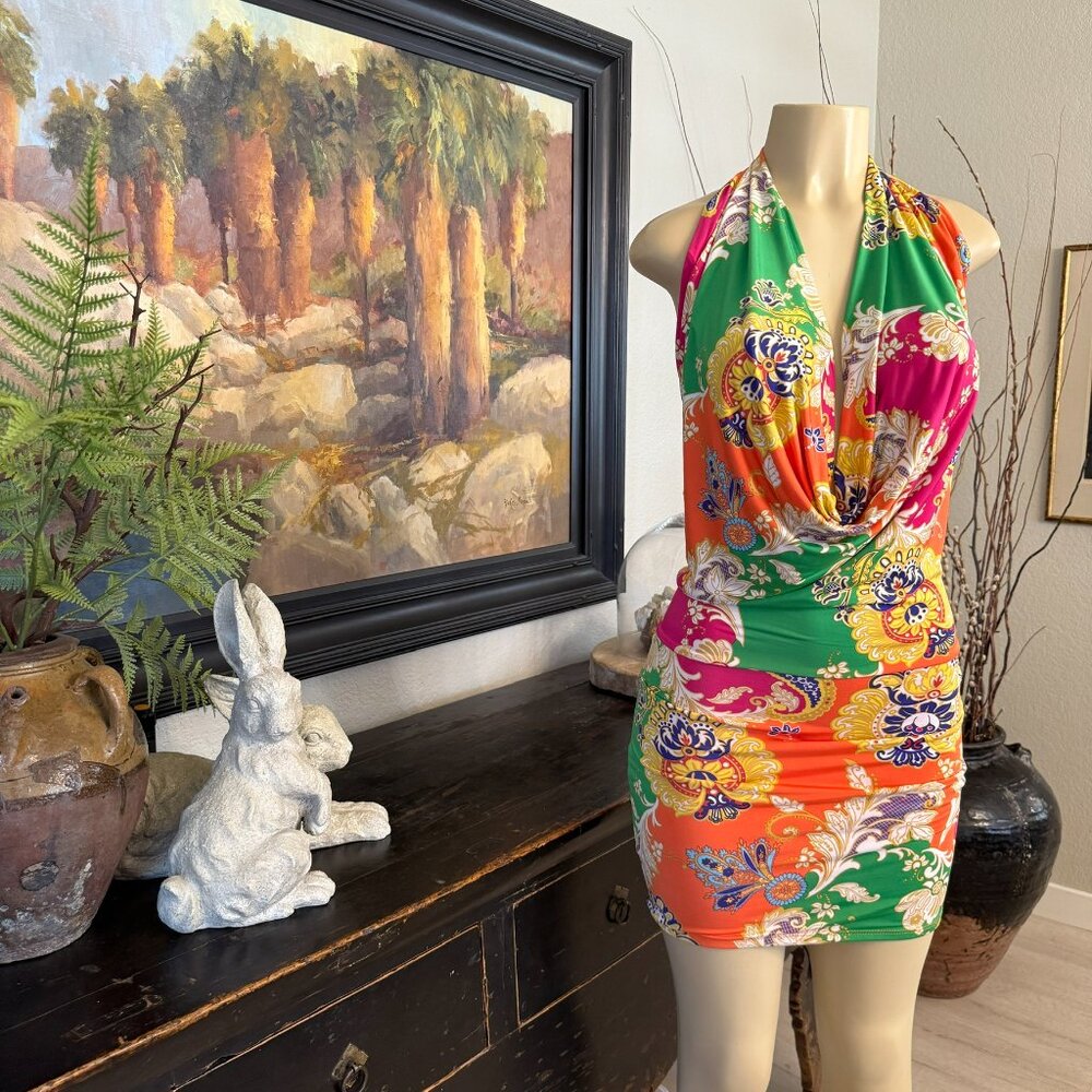 freshine HALTER DRESS in bright shurbert colors form fitting below waist